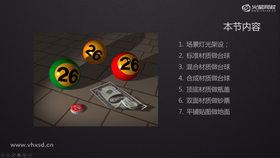 场景灯光架设;
标准材质做台球
混合材质做台球
合成材质做台球
顶底材质做瓶盖
双面材质做钞票
平铺贴图做地面