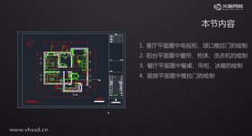 客厅平面图中电视柜、垭口推拉门的绘制
阳台平面图中窗帘、柜体、洗衣机的绘制
餐厅平面图中餐桌、吊柜、冰箱的绘制
厨房平面图中推拉门的绘制