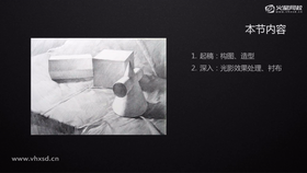 起稿:构图、造型
深入:光影效果处理、衬布
1起稿
构图:物体位置经营;
造型:比例、角度、结构
2深入
步骤1:亮面、暗面、投影
步骤2:加强暗面和投影,强化光感