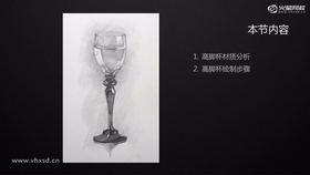 高脚杯材质分析
高脚杯绘制步骤
1玻璃材质
光滑——高光
光滑——反射周围环境
透明——焦散现象的暗面光斑
透明——受光面较暗,背光面较亮
透明——折射形状边缘变形
2绘制步骤:
起稿
绘制基本色调
处理高脚杯杯体的细节
处理高脚杯底部的细节