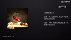 1玻璃材质分析
演示绘制过程
2玻璃材质分析
光滑:调子过度均匀、高光形状明确、反射区形状明确
透明:折射、暗面比亮面颜色亮一些、焦散产生的光斑